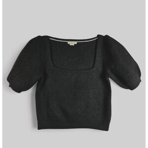 Boden Sweater Black Large Cropped Mohair Wool Puff Sleeve Square Neck Fuzzy Soft